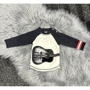 Mini Shatsu Guitar Print‎ Long Sleeve Top With Velour Details-6Mos 100% Cotton